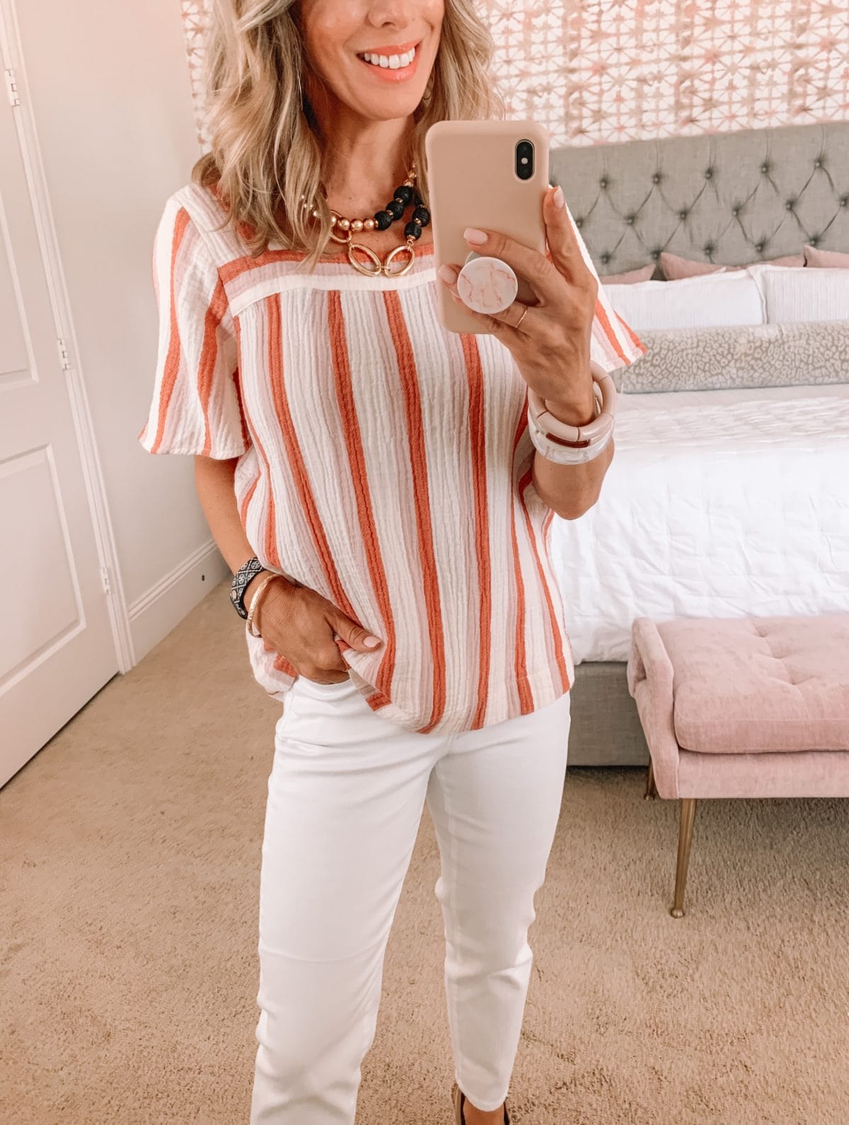Dressing Room Finds, Stripe Top, Jeans, Wedges and Woven Crossbody