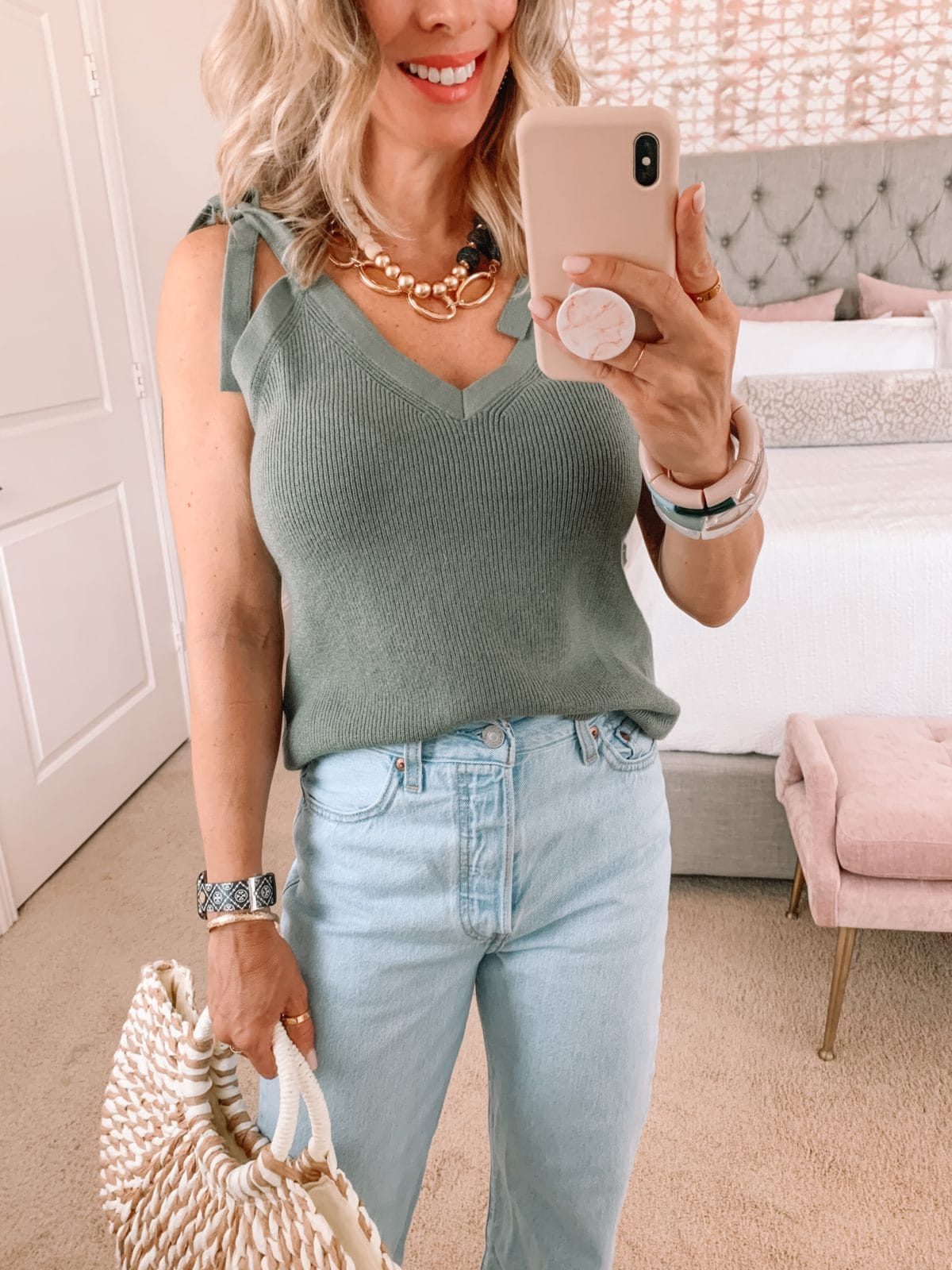 Amazon Fashion Faves, Sage Sweater Tie Tank, and Jeans with tote 