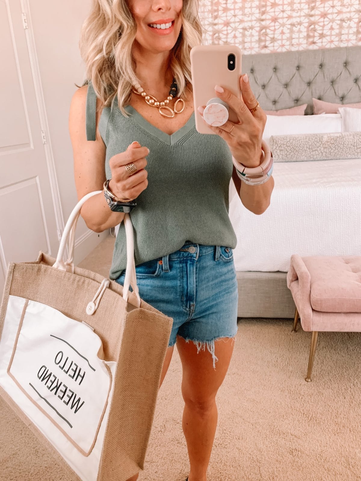 Amazon Fashion Faves, Sage Sweater Tie Tank, and Jean Shorts with tote 