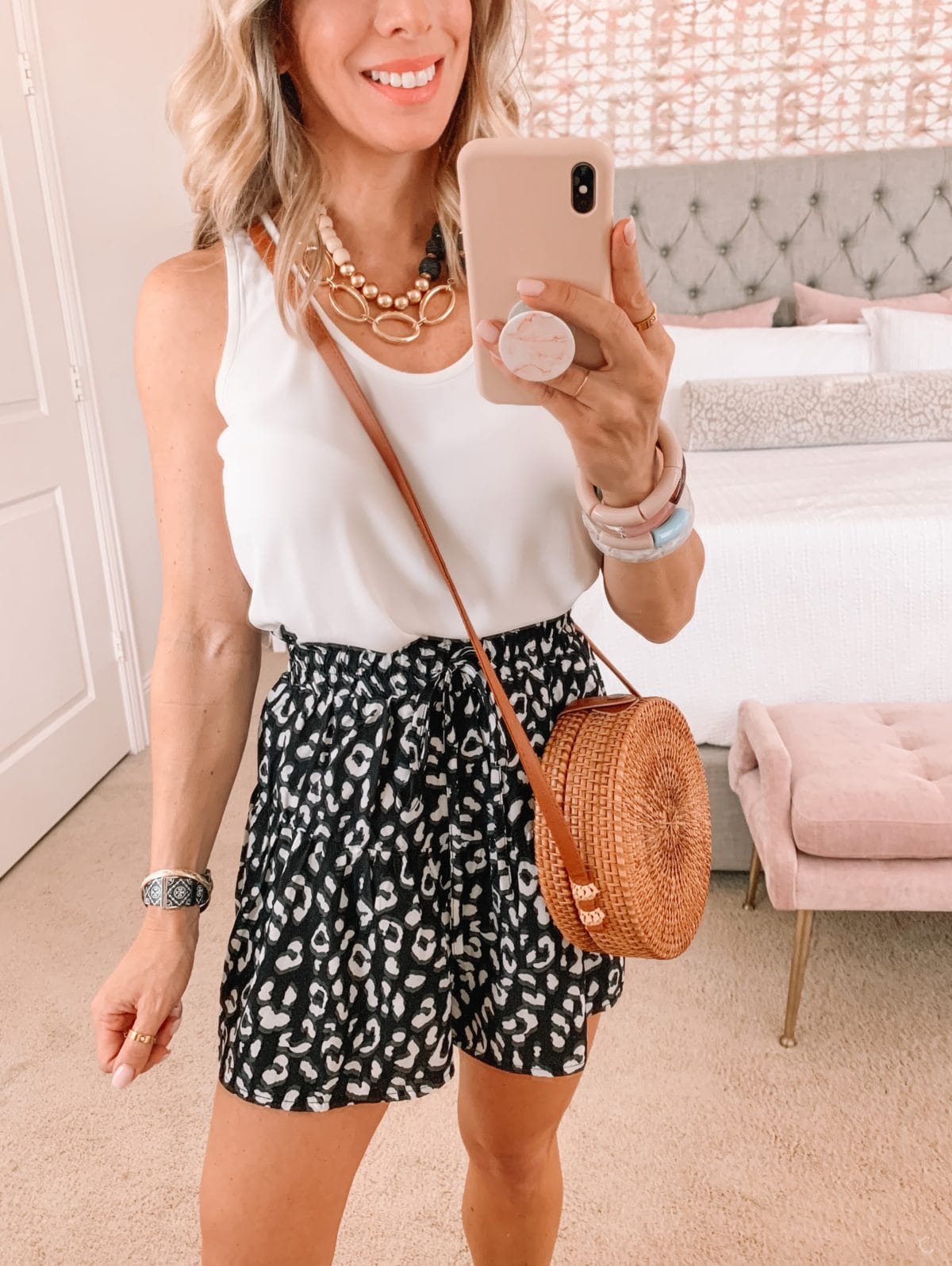 Amazon Fashion Faves, White Cami and Leopard Dot Shorts and Crossbody 