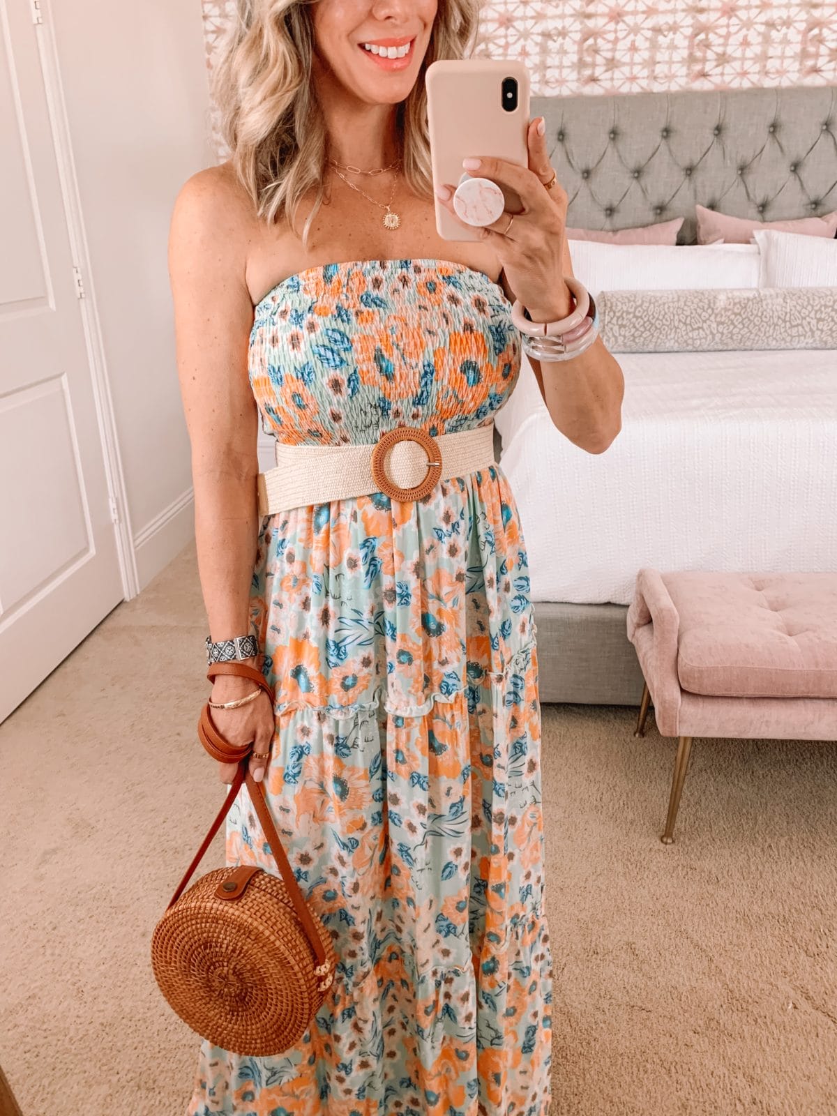 Amazon Fashion Faves, Floral Strapless Maxi Dress with woven Belt 