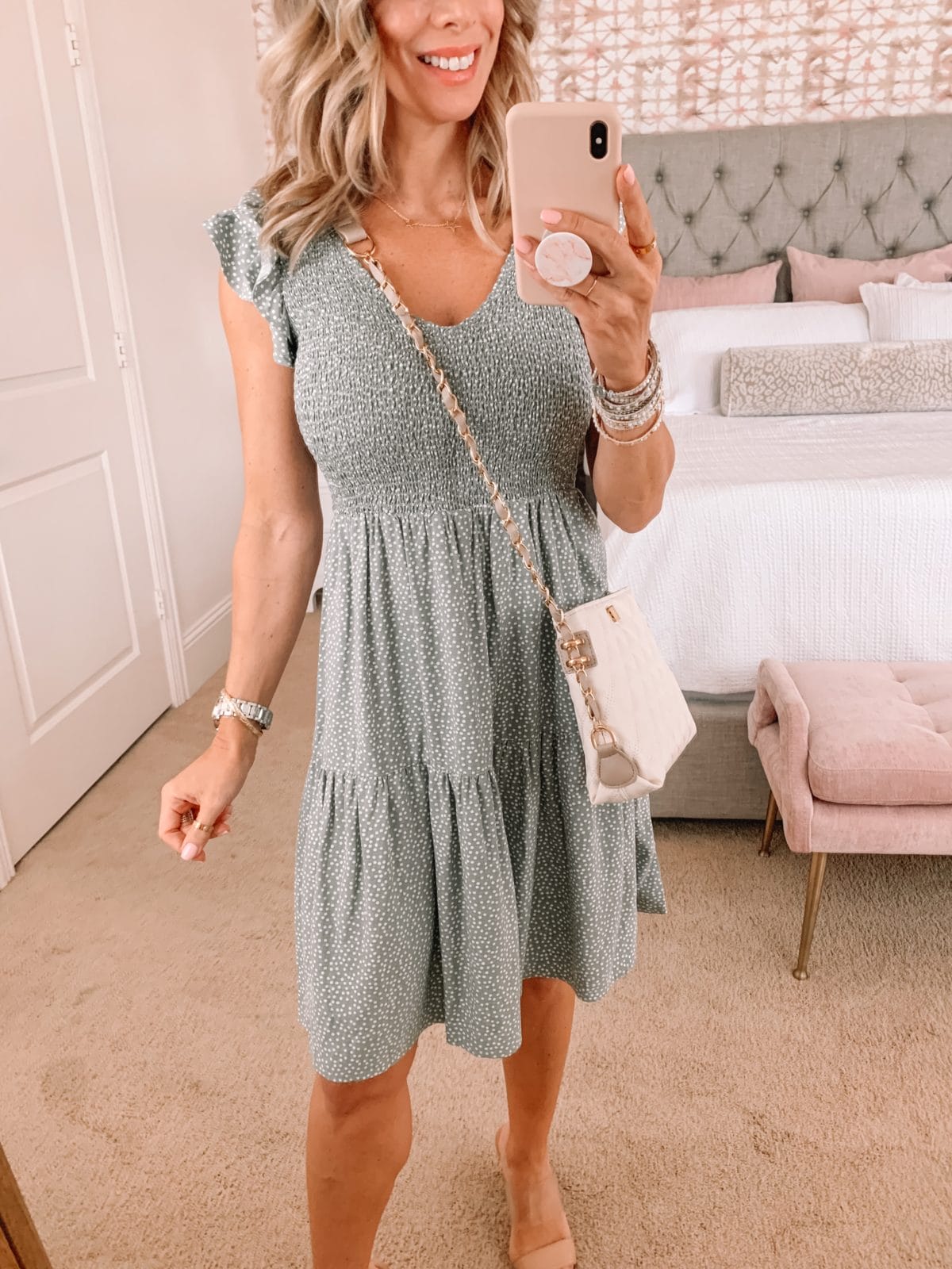 Dressing Room Finds LOFT, Smocked Top Dress Sage green and sandals with Crossbody 