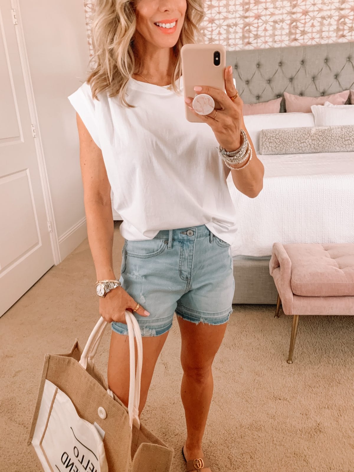 Dressing Room Finds, LOFT, White Muscle Tank, Denim Shorts, Sandals and weekend tote