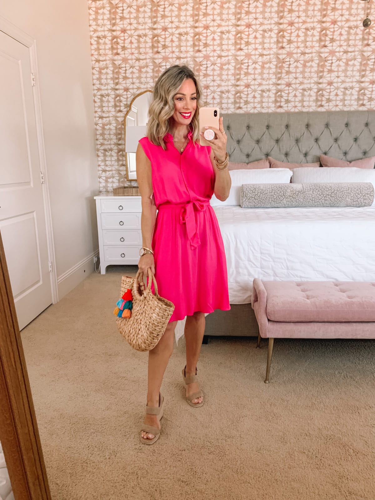 Amazon Fashion Faves, Sleeveless Pink Dress, Wedges and Woven Tote with Tassel 