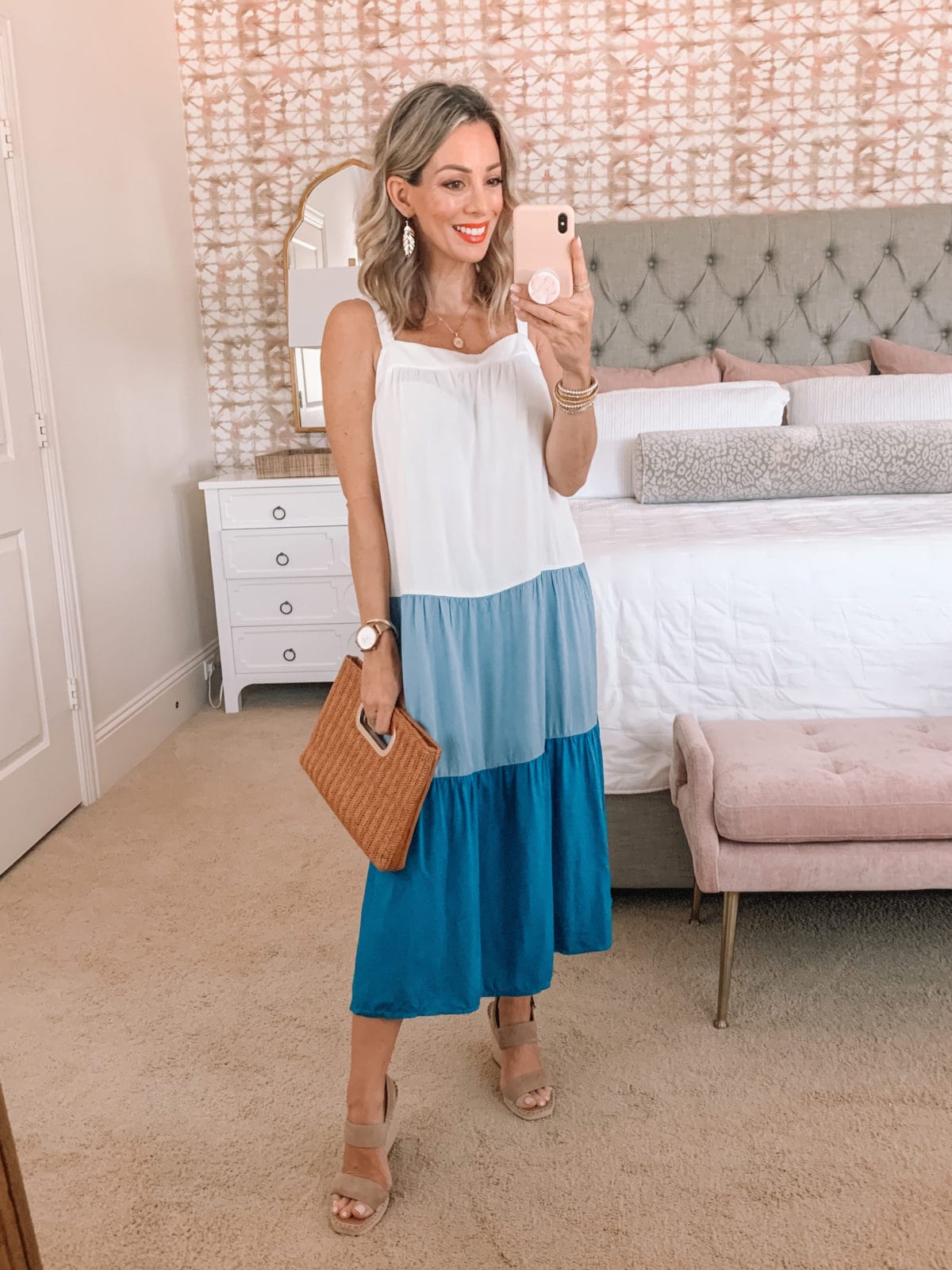 Amazon Fashion Faves, Blue Colorblock dress and Wedges