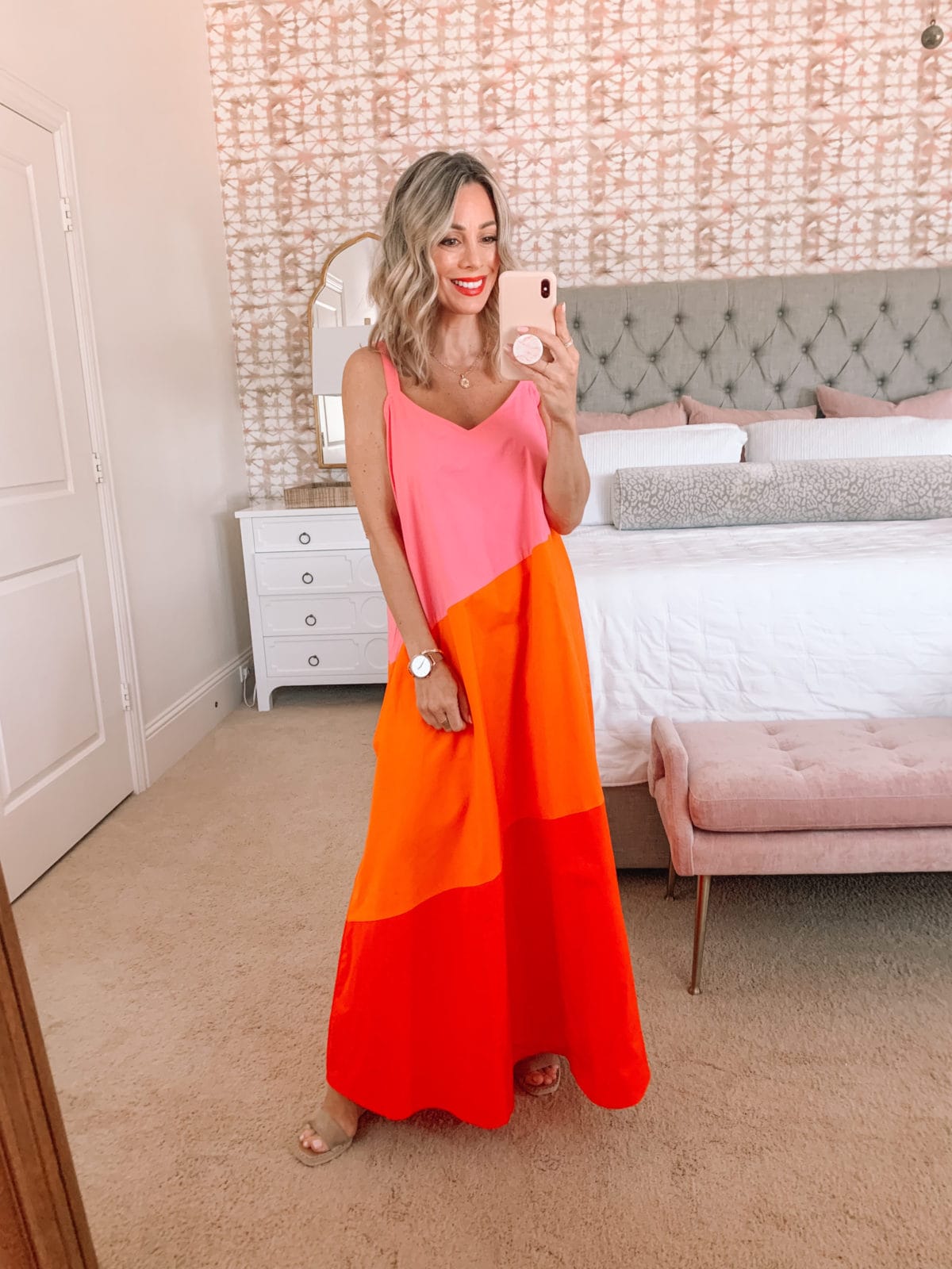 Amazon Fashion Faves, Colorblock dress in Pink, Orange, and Red, with wedges 