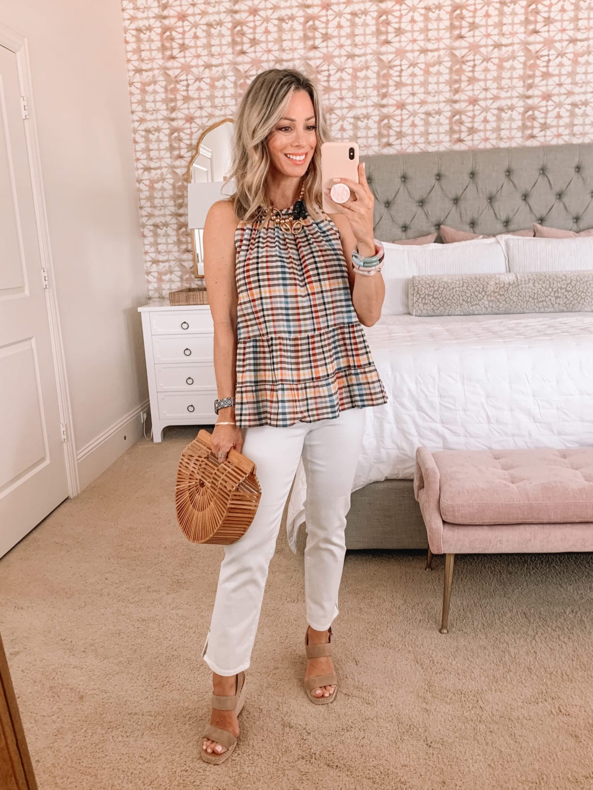Dressing Room Finds, Plaid Halter Top, White Jeans, Wedges, Bamboo Clutch
