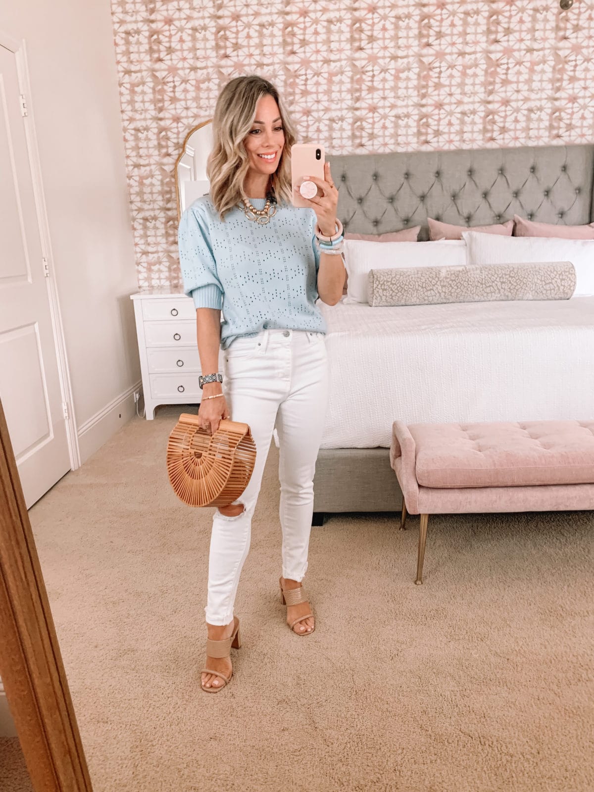 Amazon Fashion Faves, Blue Sweater Short Sleeved, Jeans, Bamboo Clutch 