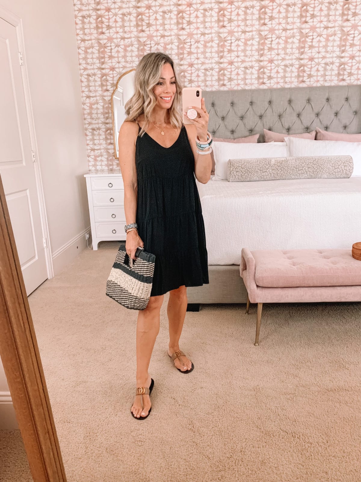 Amazon Fashion Faves, Black Tiered Shift Dress and Woven Clutch with Sandals 