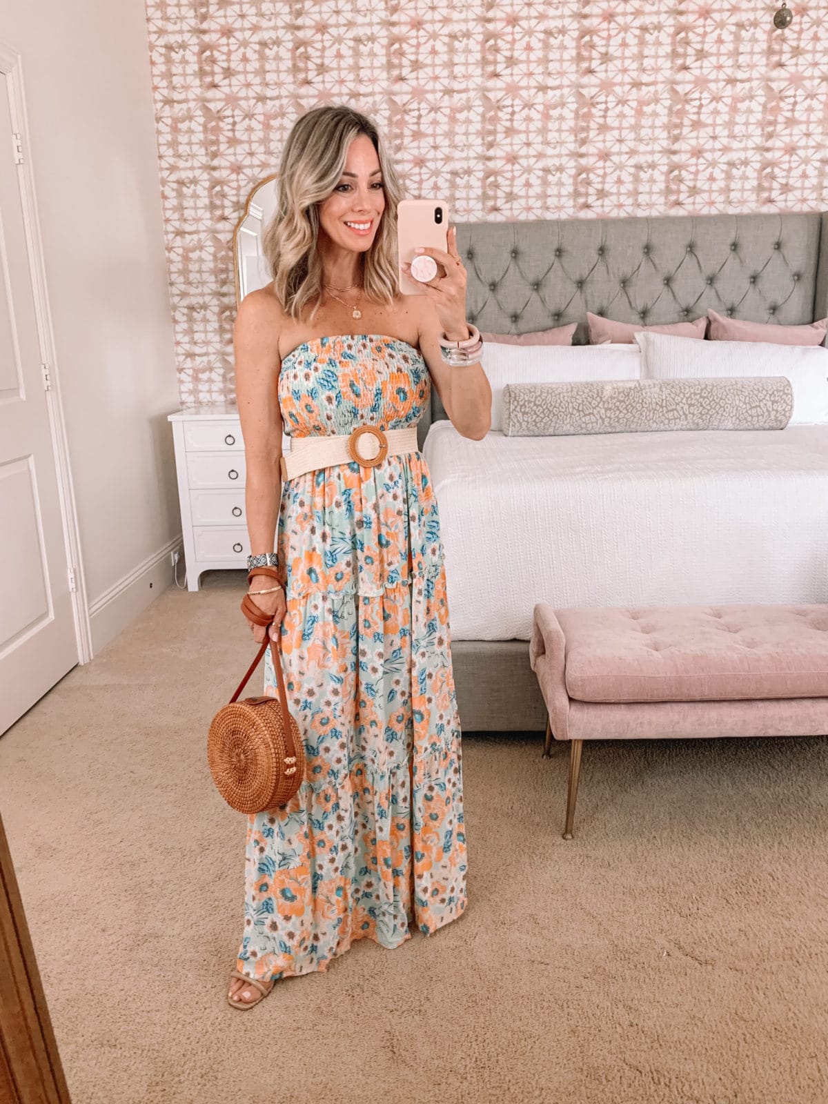 Amazon Fashion Faves, Floral Maxi Dress and Woven belt with circle Crossbody