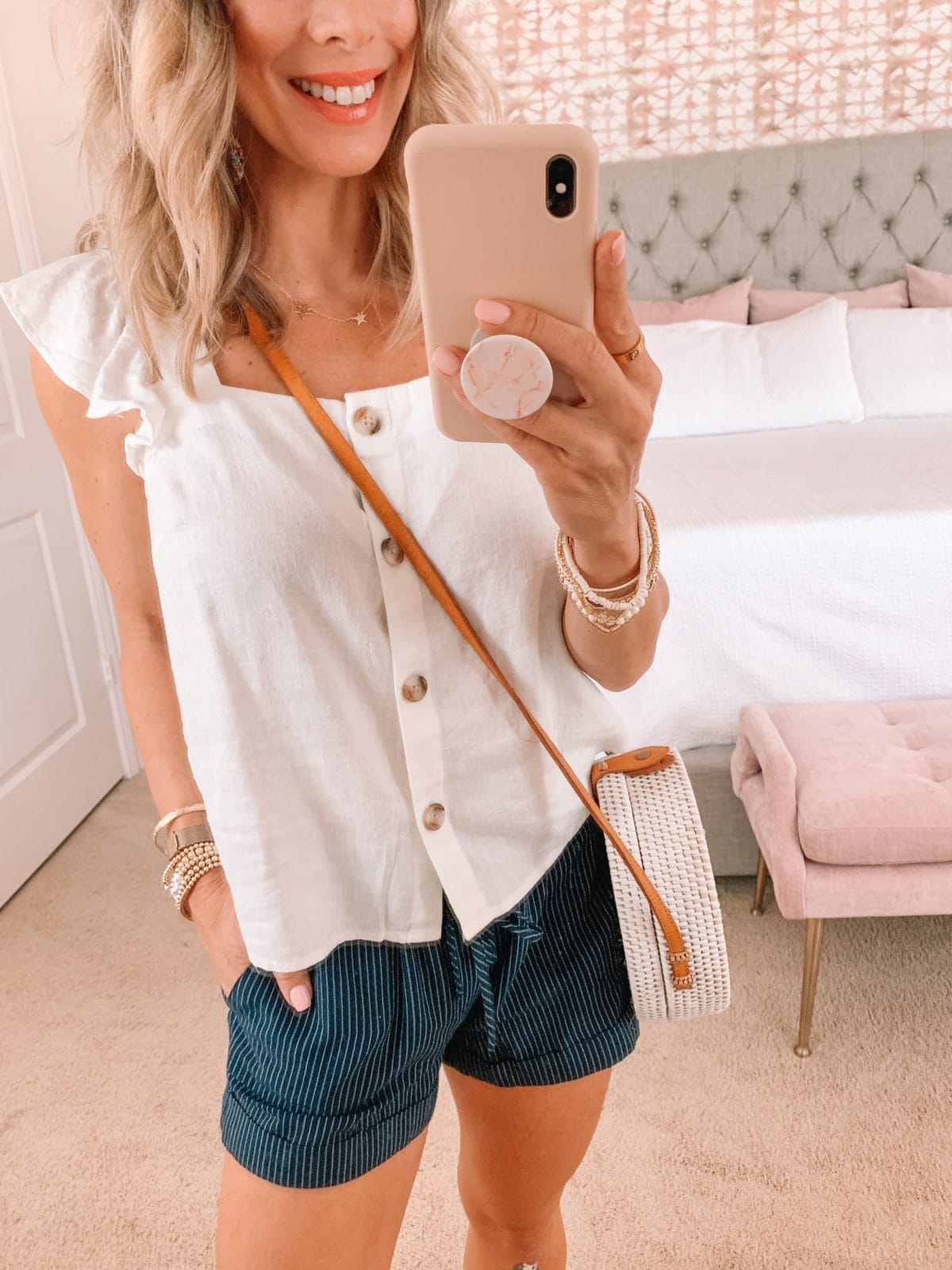 Dressing Room, Button Down Ruffle Sleeve Tank, Striped Shorts, Studded Sandals and Crossbody 