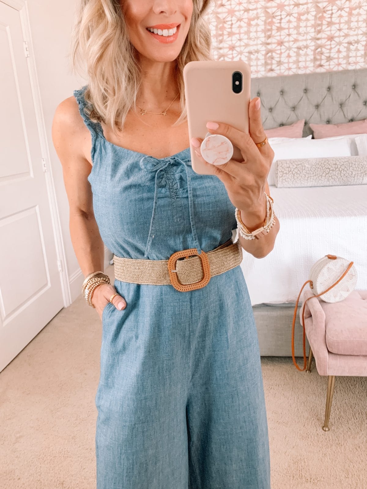 Dressing Room Finds, Chambray Jumpsuit, Woven Belt, Wedges, Crossbody 