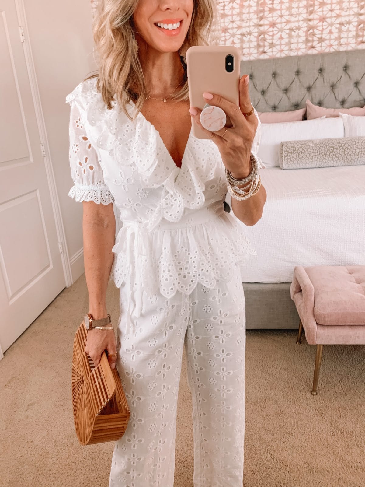 Dressing Room Finds, Eyelet Jumpsuit and Bamboo Clutch with Clear Sandals 