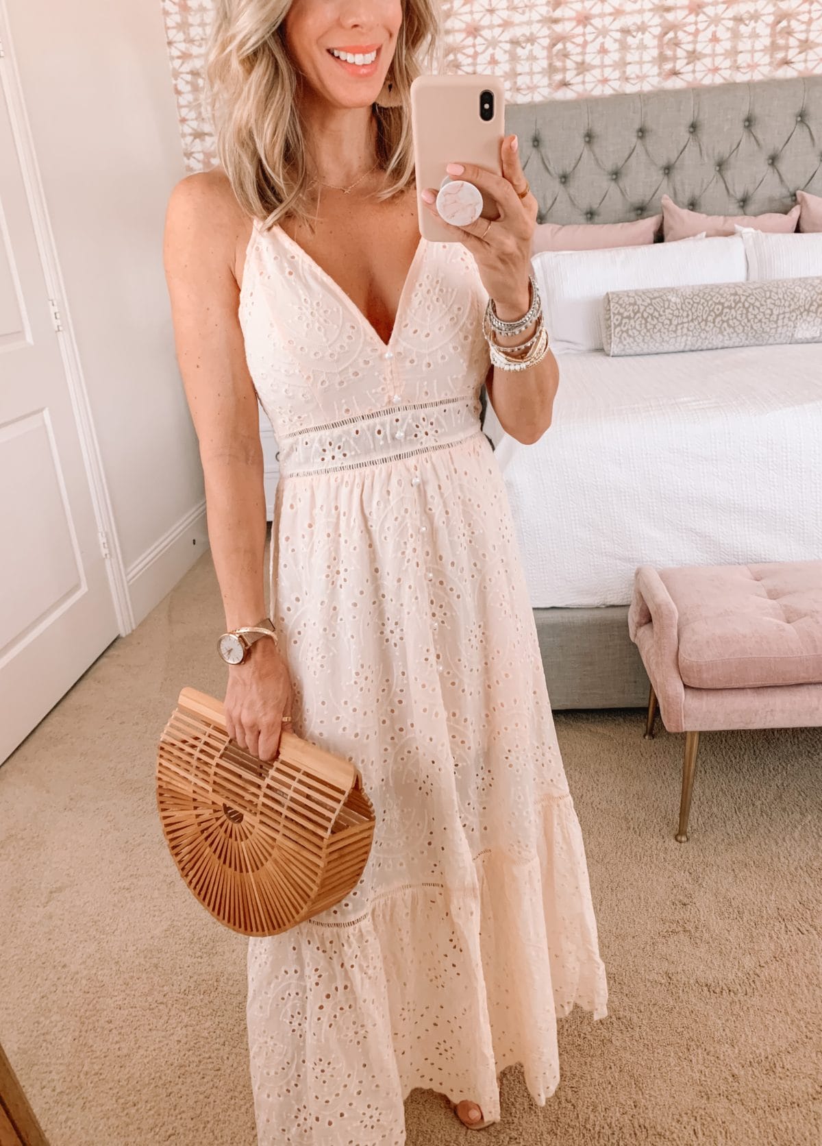 Amazon Fashion Faves, Pink Eyelet Maxi Dress, Bamboo Clutch and Sandals