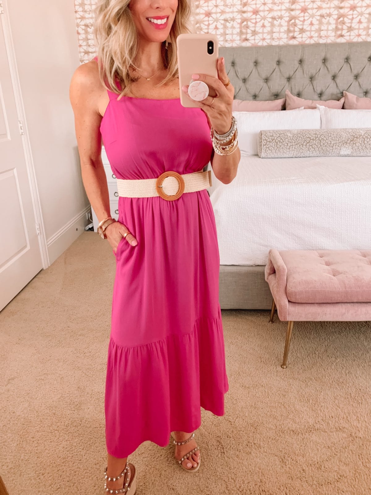 Amazon Fashion Faves, Pink maxi Dress, Studded Wedges and Woven Belt 