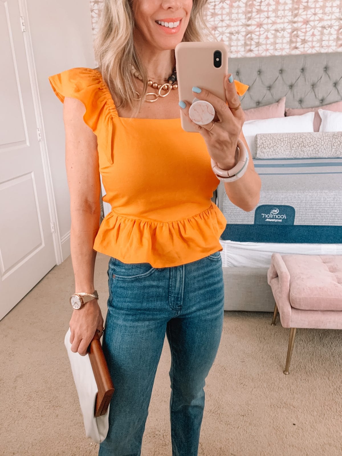 Dressing Room Finds, Express, Yellow Ruffle Sleeve Top, Jeans, Sandals, Clutch 