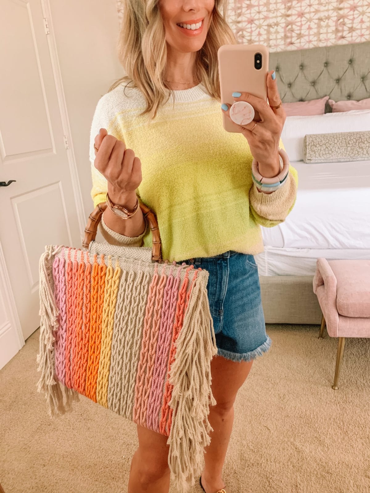 Dressing Room Finds, Walmart, Yellow Sweater, Shorts, Sandals, Rainbow Tote 