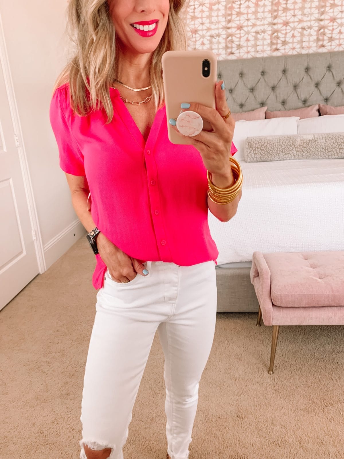 Amazon Fashion Faves, Pink Button Down top, White Jeans and studded Slides 