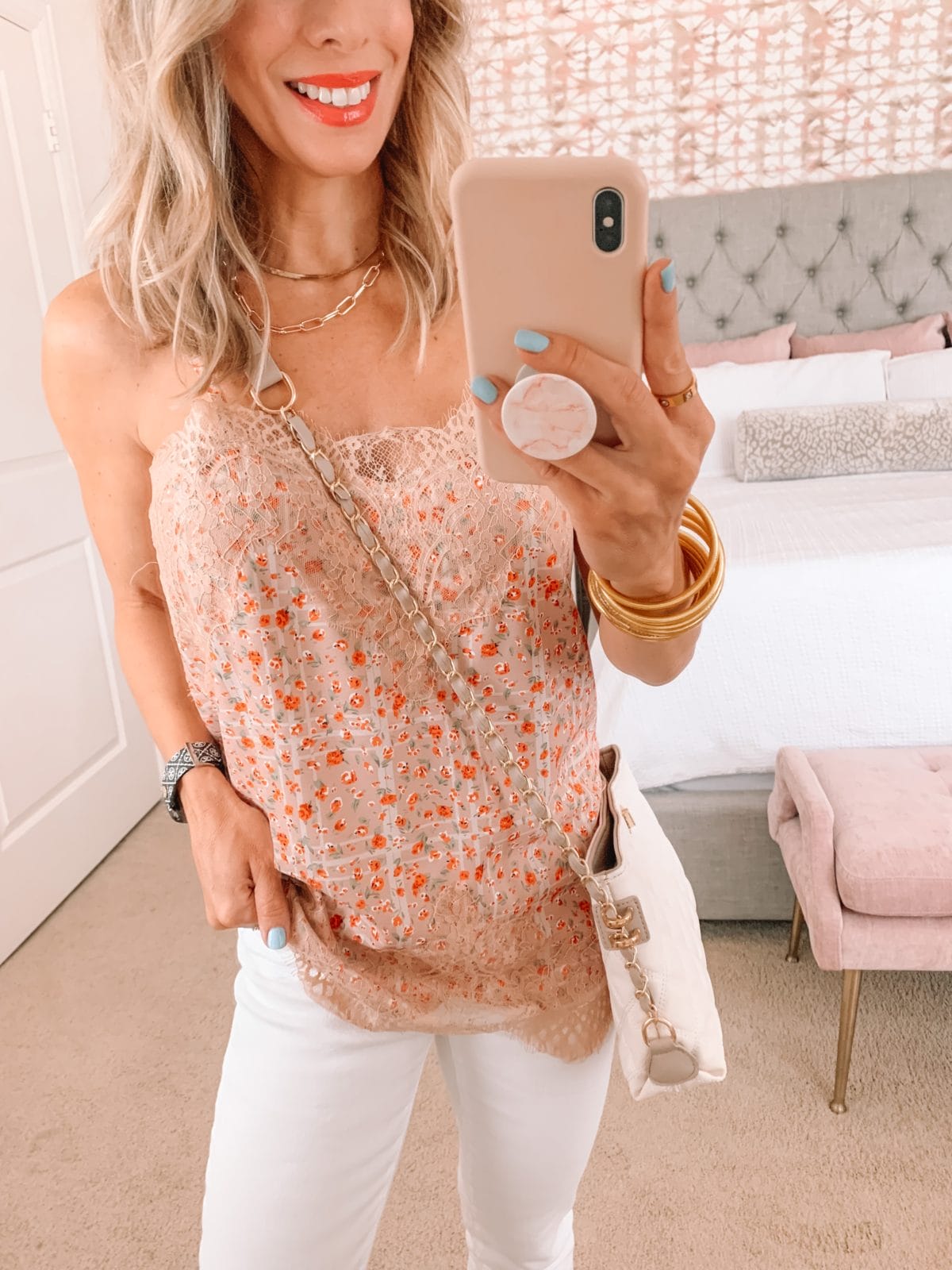 Amazon Fashion Faves, Cami and White Jeans with a White Crossbody and Snakeskin Sandals 