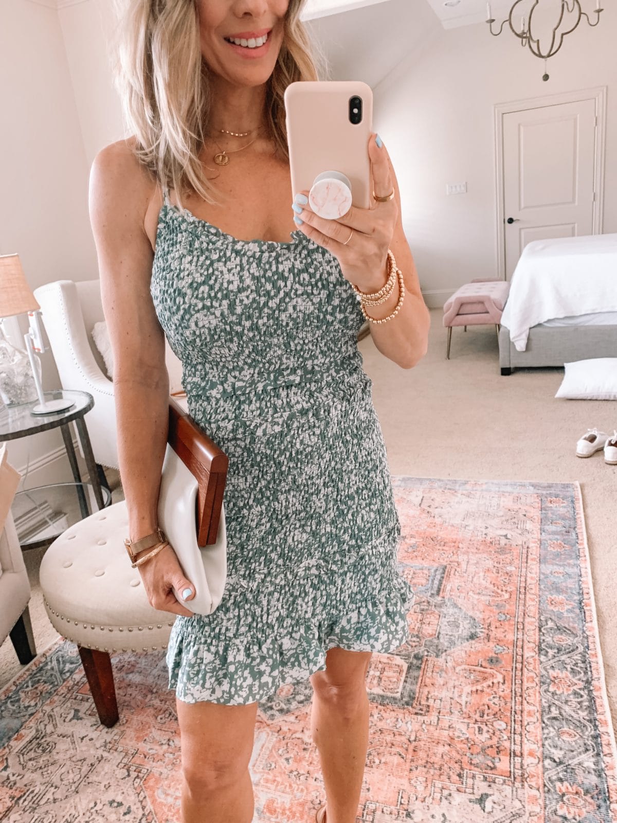 Dressing Room Finds, Floral Mini Dress and Clutch with Sandals 