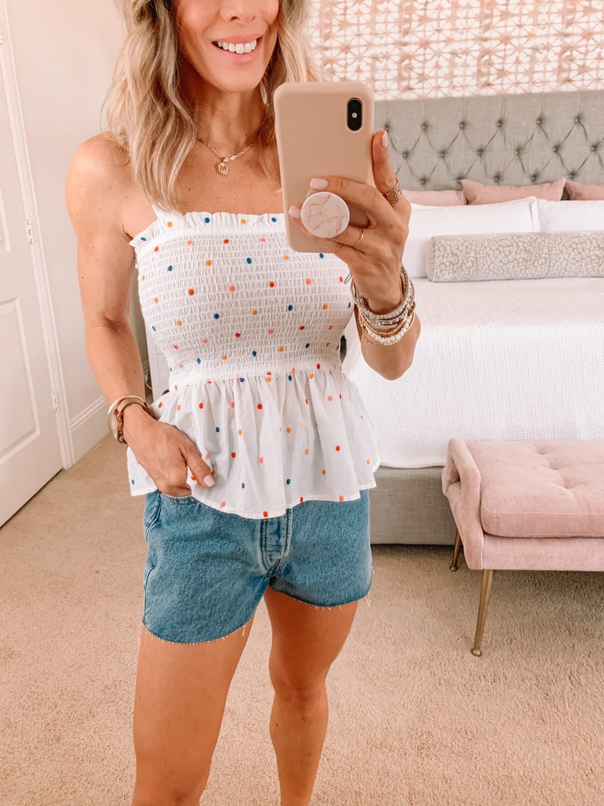 Dressing Room Finds, LOFT, Polka Dot Peplum top and shorts with sandals 
