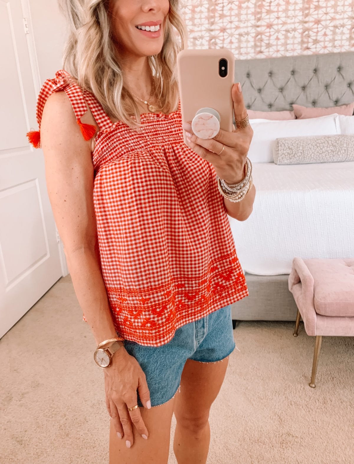 Dressing Room Finds, LOFT, Gingham Swing Tank and Denim Shorts with Sandals