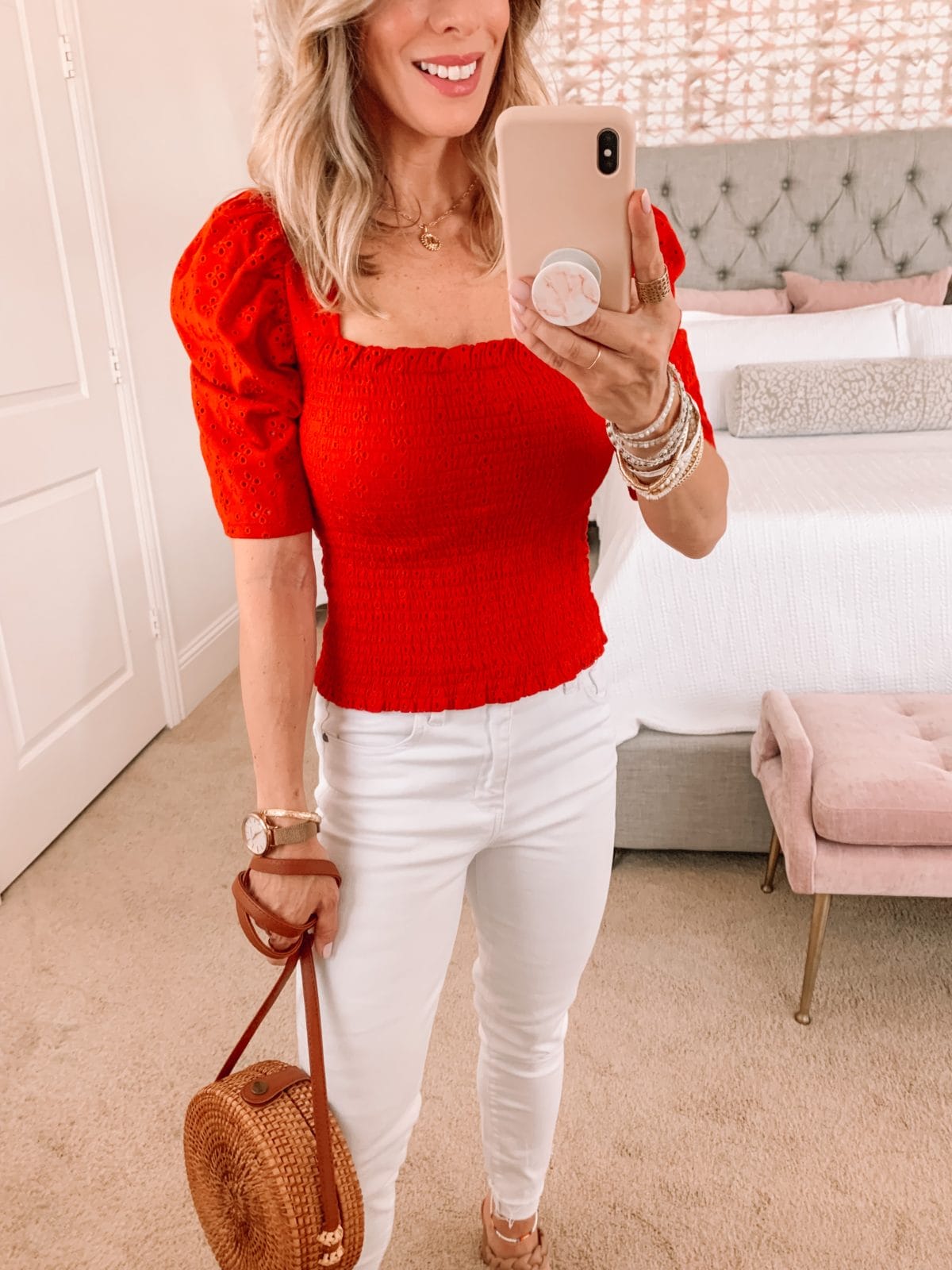 Dressing Room Finds, Smocked Red Top and White Jeans with Sandals and Crossbody