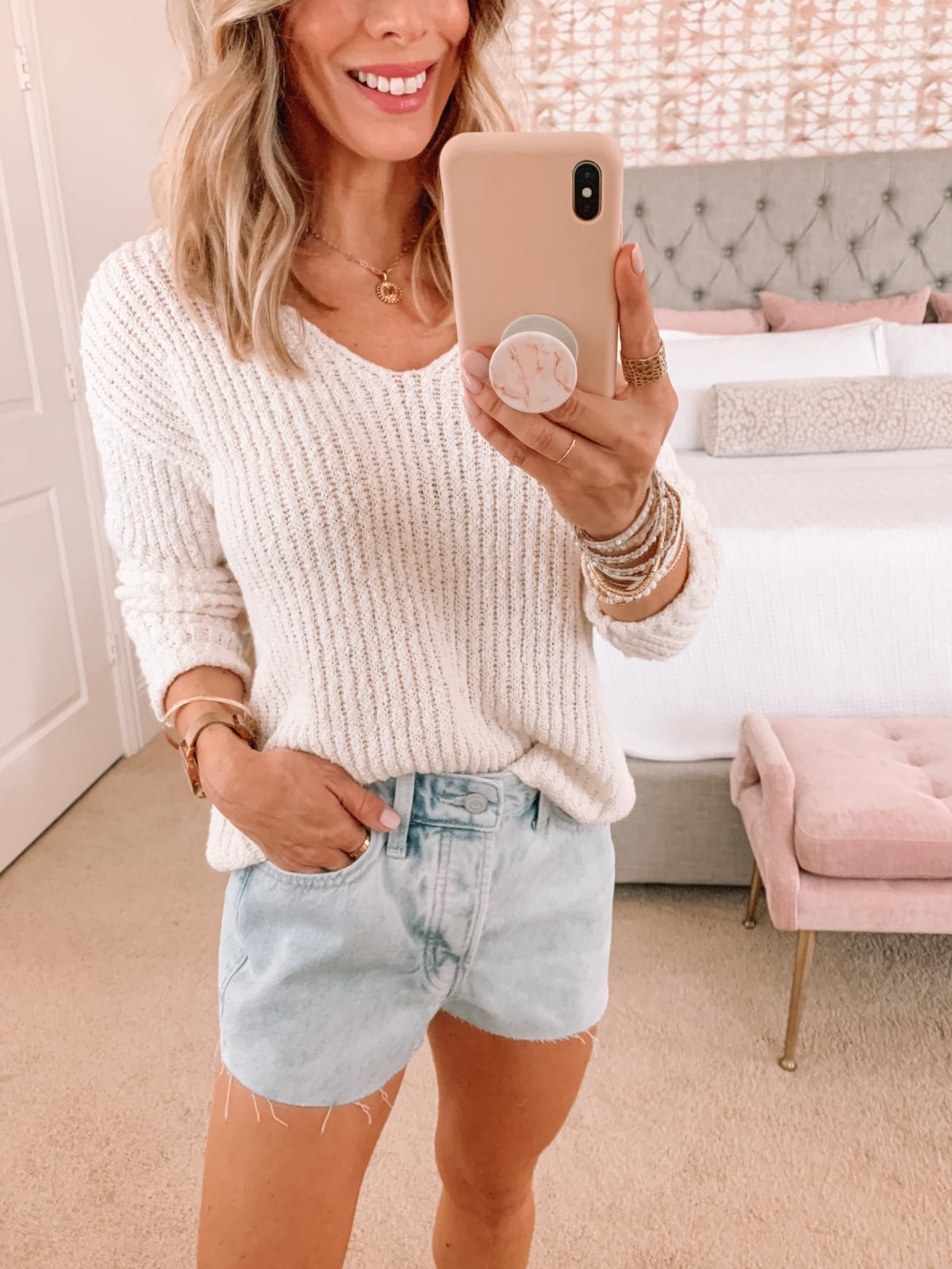 Dressing Room Finds, Summer Sweater and Denim Shorts with Sandals 