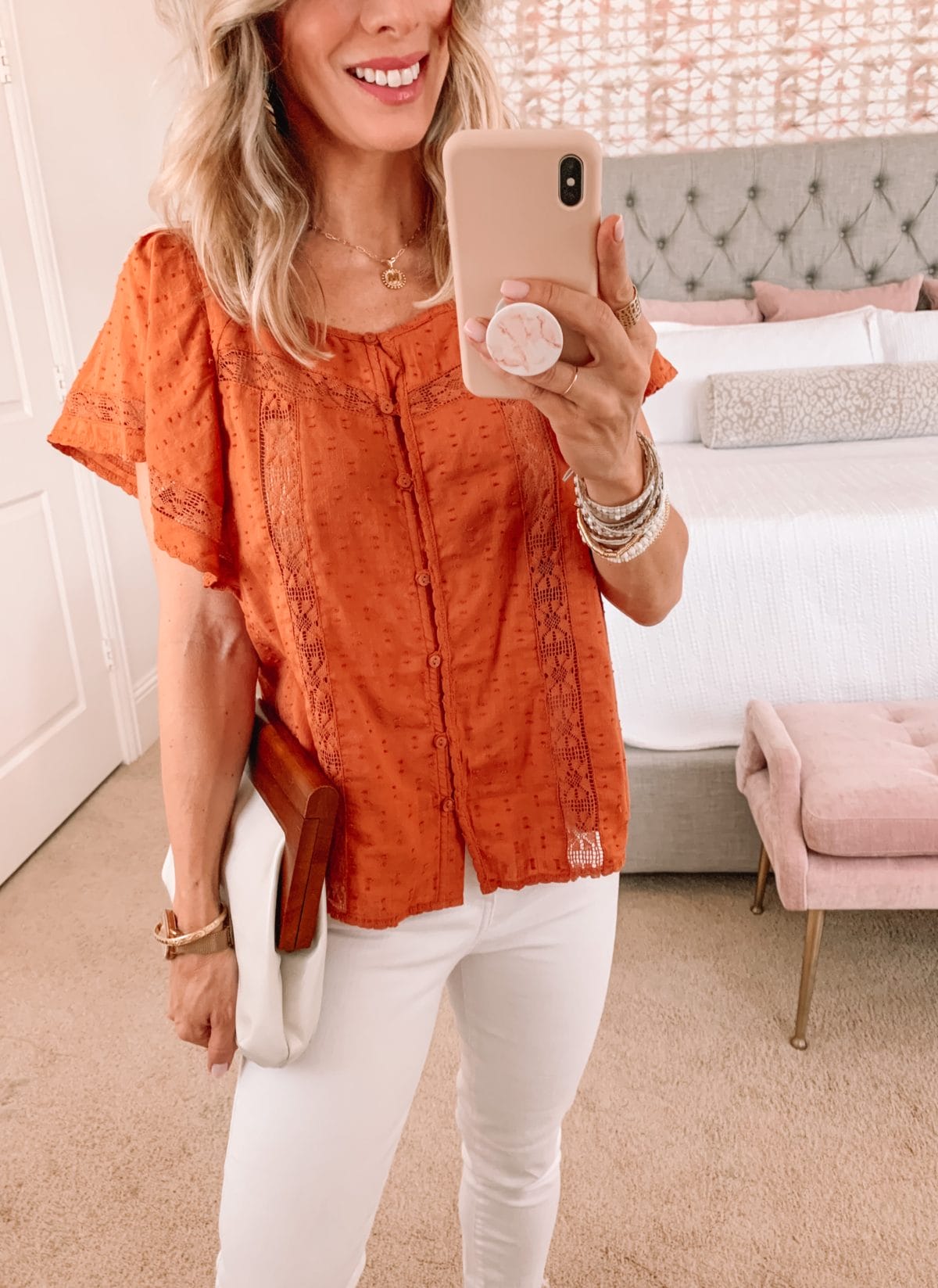 Dressing Room Finds, Rust colored Top and White Jeans with Sandals and Clutch