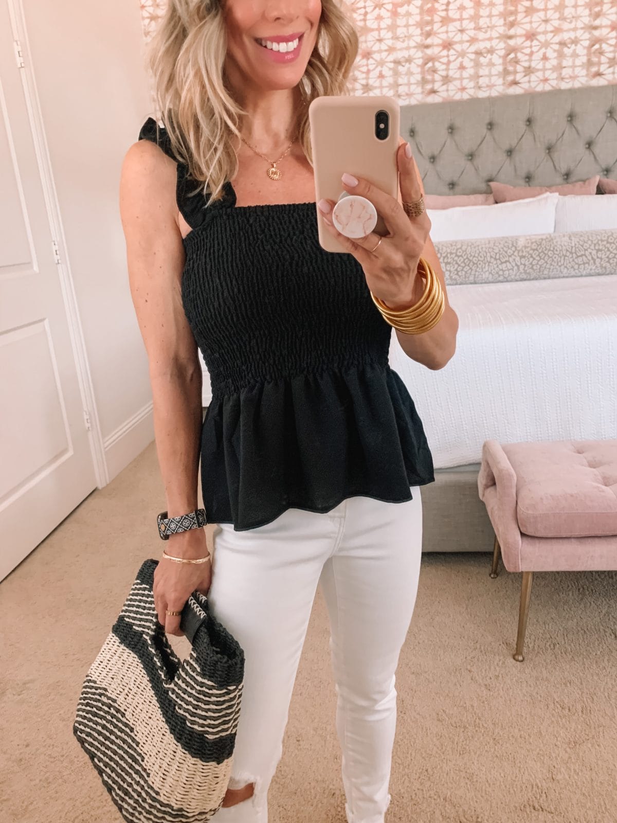 Amazon Fashion Faves, Tank and White Jeans and Sandals with Woven Clutch 