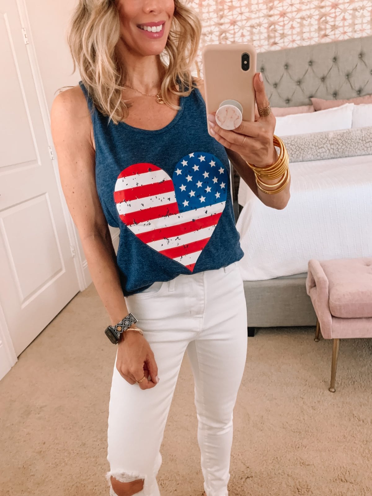 Amazon Fashion Faves, American Tank, White Jeans, Studded Sandals 