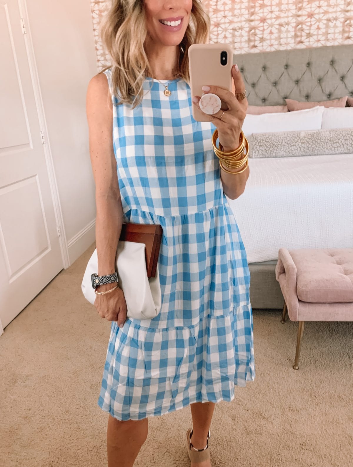 Amazon Fashion Faves, Gingham Dress and Wedges and Clutch 