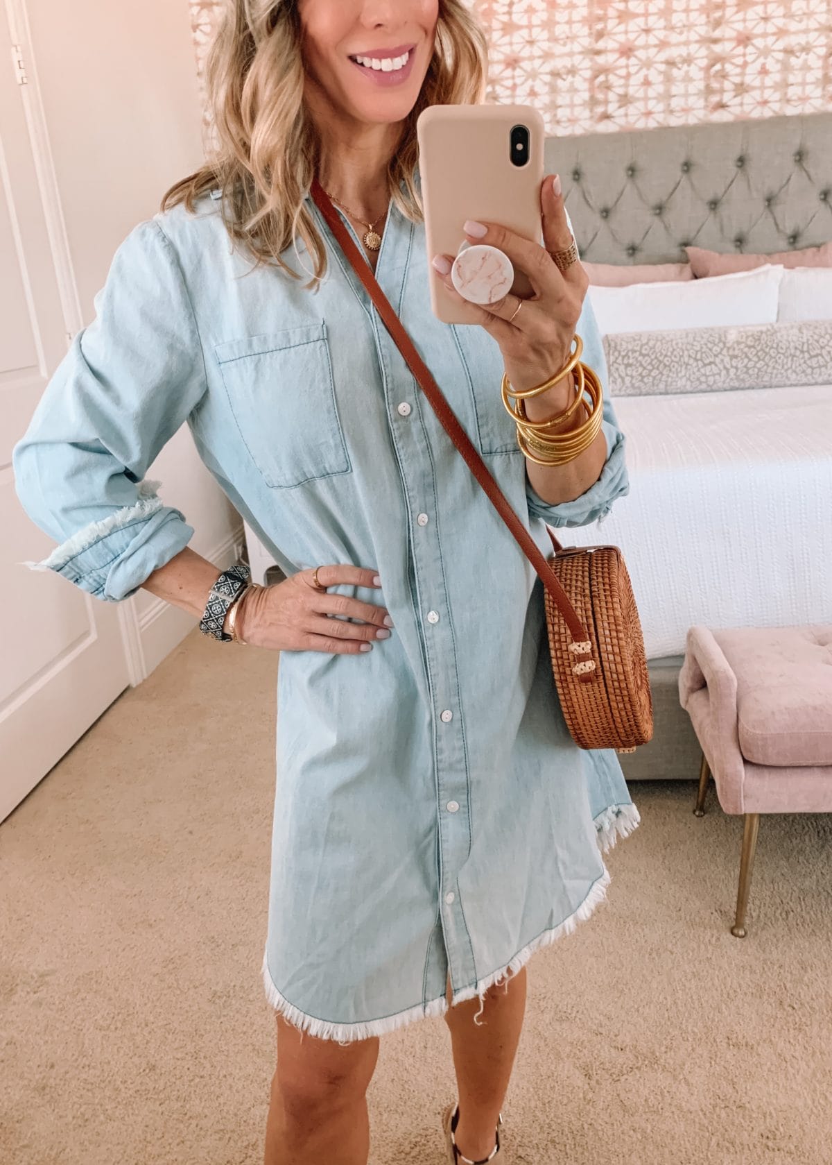 Amazon Fashion Faves, Chambray Dress and Wedges with Crossbody 