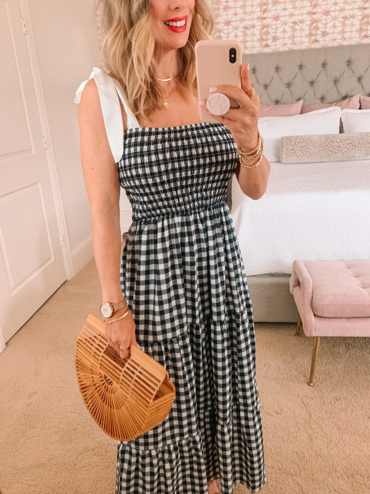 Amazon Fashion Faves, Gingham Dress and Sandals, Bamboo Clutch 