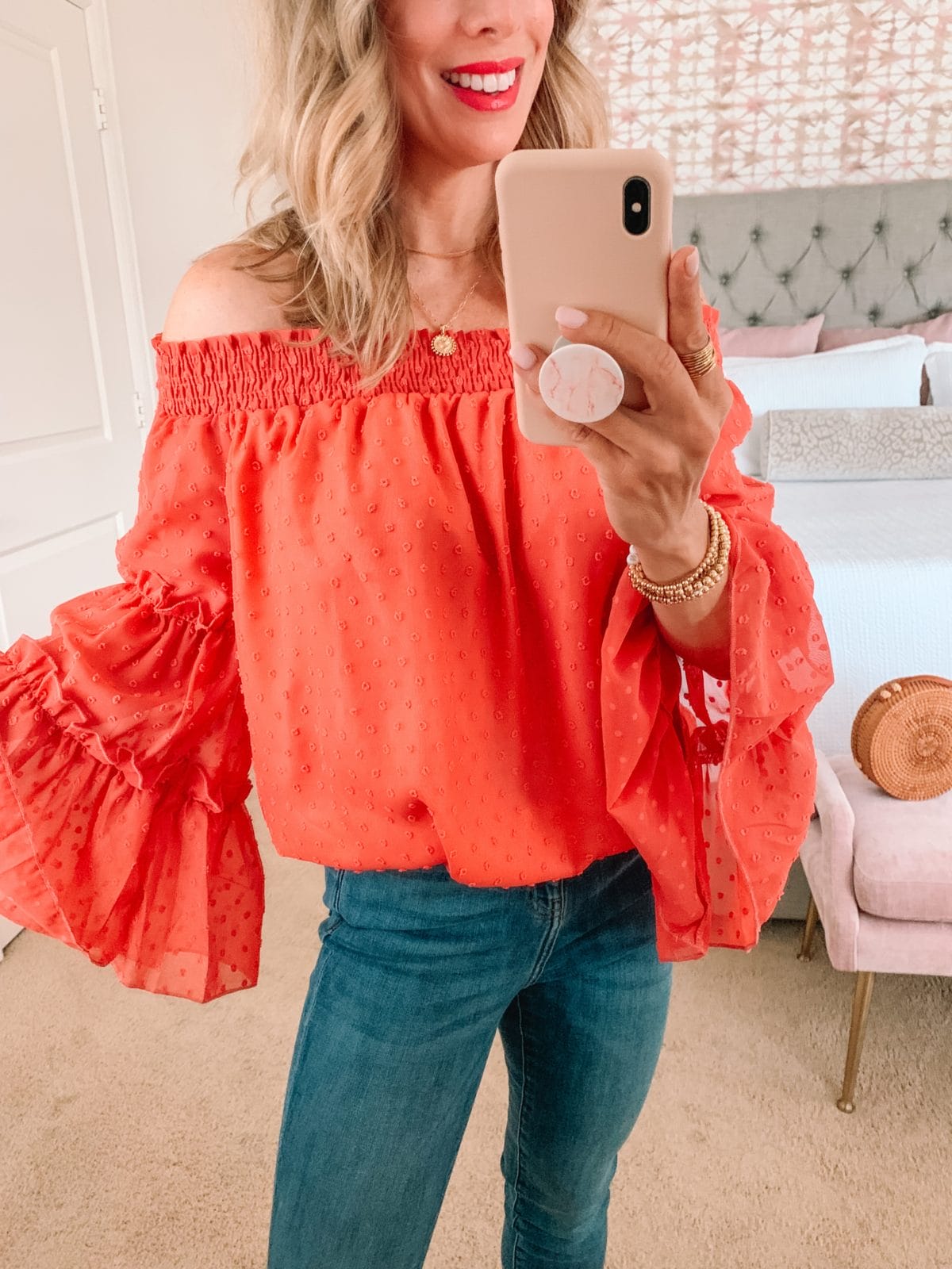 Amazon Fashion Faves, Clip Dot Off the Shoulder Top and Jeans, Sandals