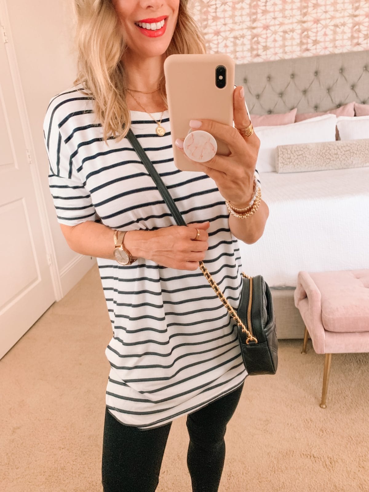 Amazon Fashion Faves, Stripe Tunic Top and Leggings and Flip Flops and crossbody 