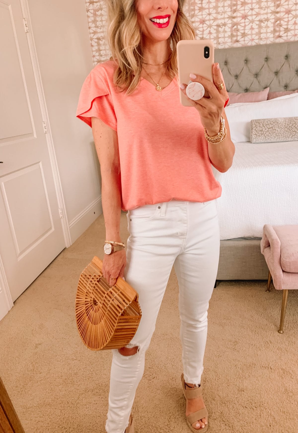 Amazon Fashion Faves, Petal Sleeve Tee, white jeans, Wedges, Clutch 