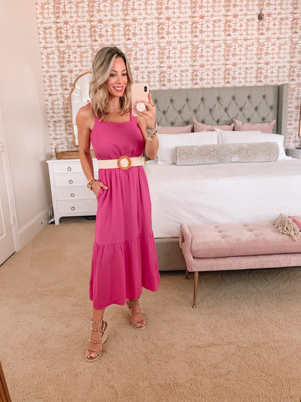 Amazon Fashion Faves, Pink maxi Dress, Studded Wedges and Woven Belt 