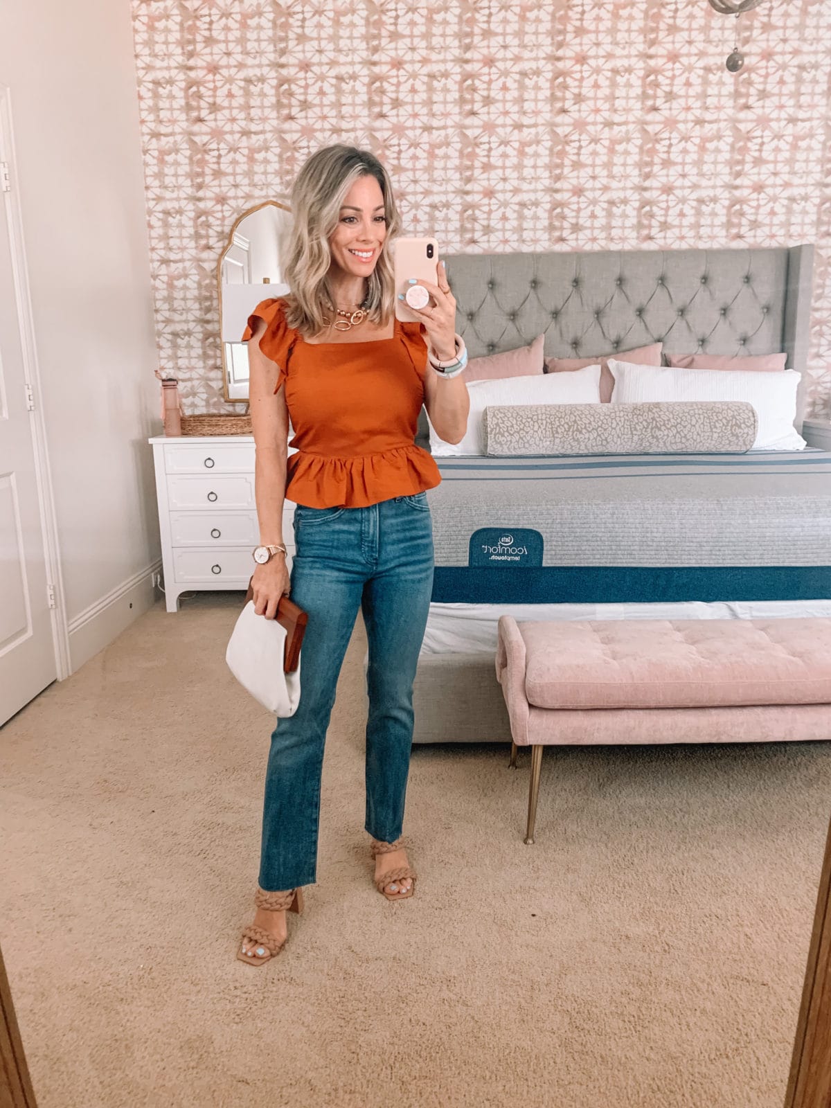 Dressing Room Finds, Express, Ruffle Sleeve Top, Jeans, Sandals, Clutch 