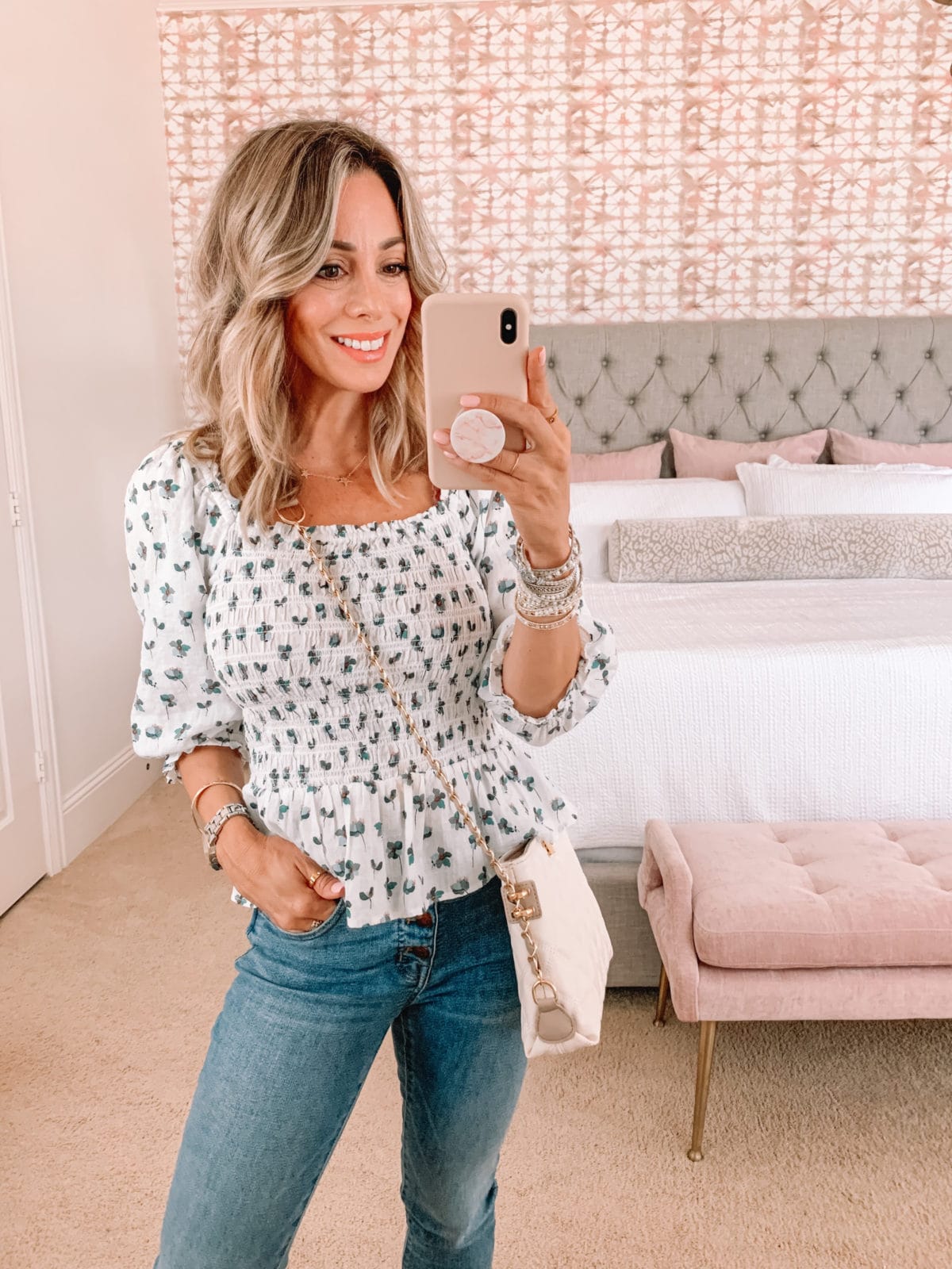 Dressing Room Finds, Floral Peplum Top and Jeans With Crossbody