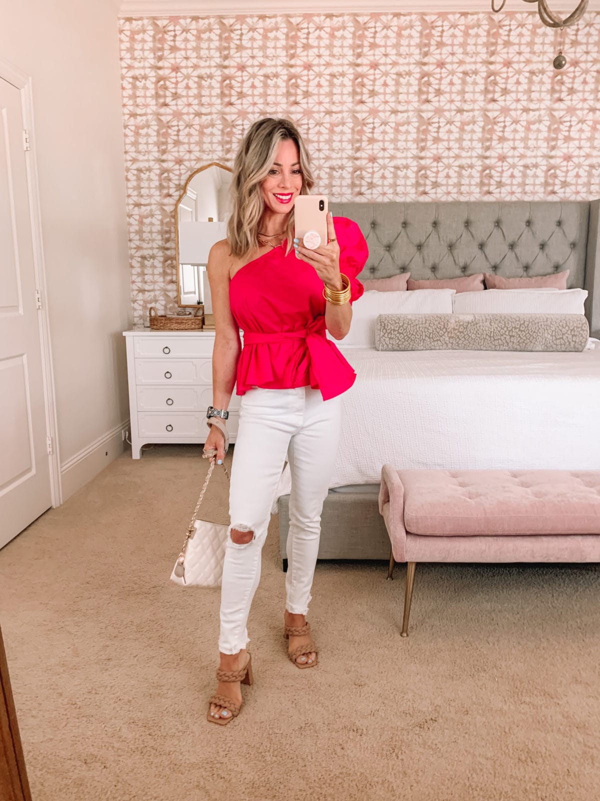 Amazon Fashion Faves. Pink One Puff Sleeve Wrap Top, White Jeans, Sandals, and Crossbody 