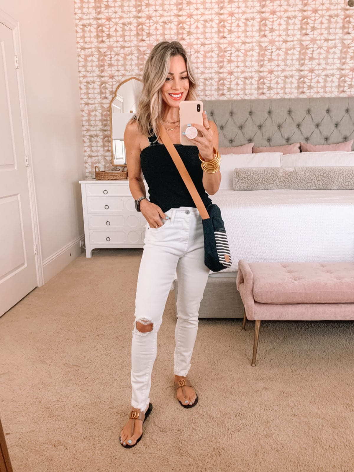 Amazon Fashion Faves, Black Ribbed Tank, White Jeans, Striped Crossbody and Kell Parker Sandals 