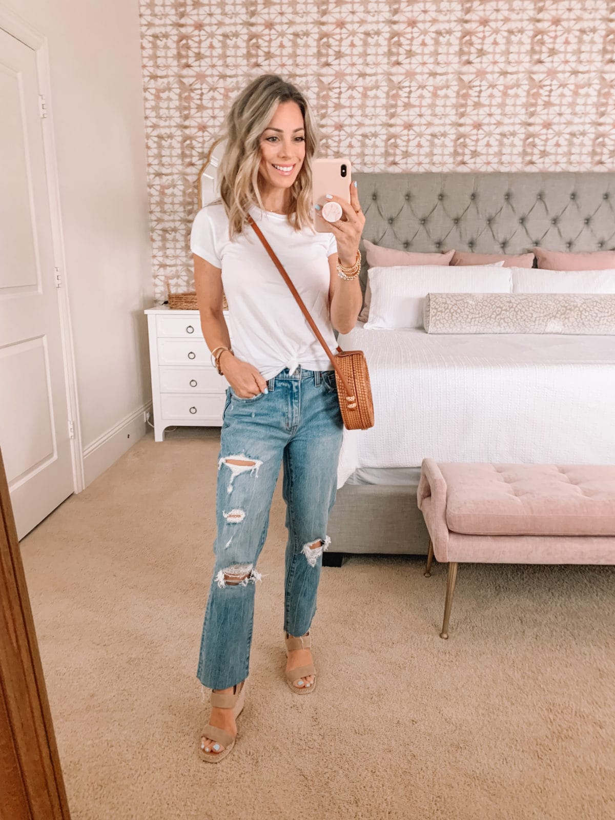 Dressing Room Finds, Knot front tee and jeans with Crossbody and wedges 
