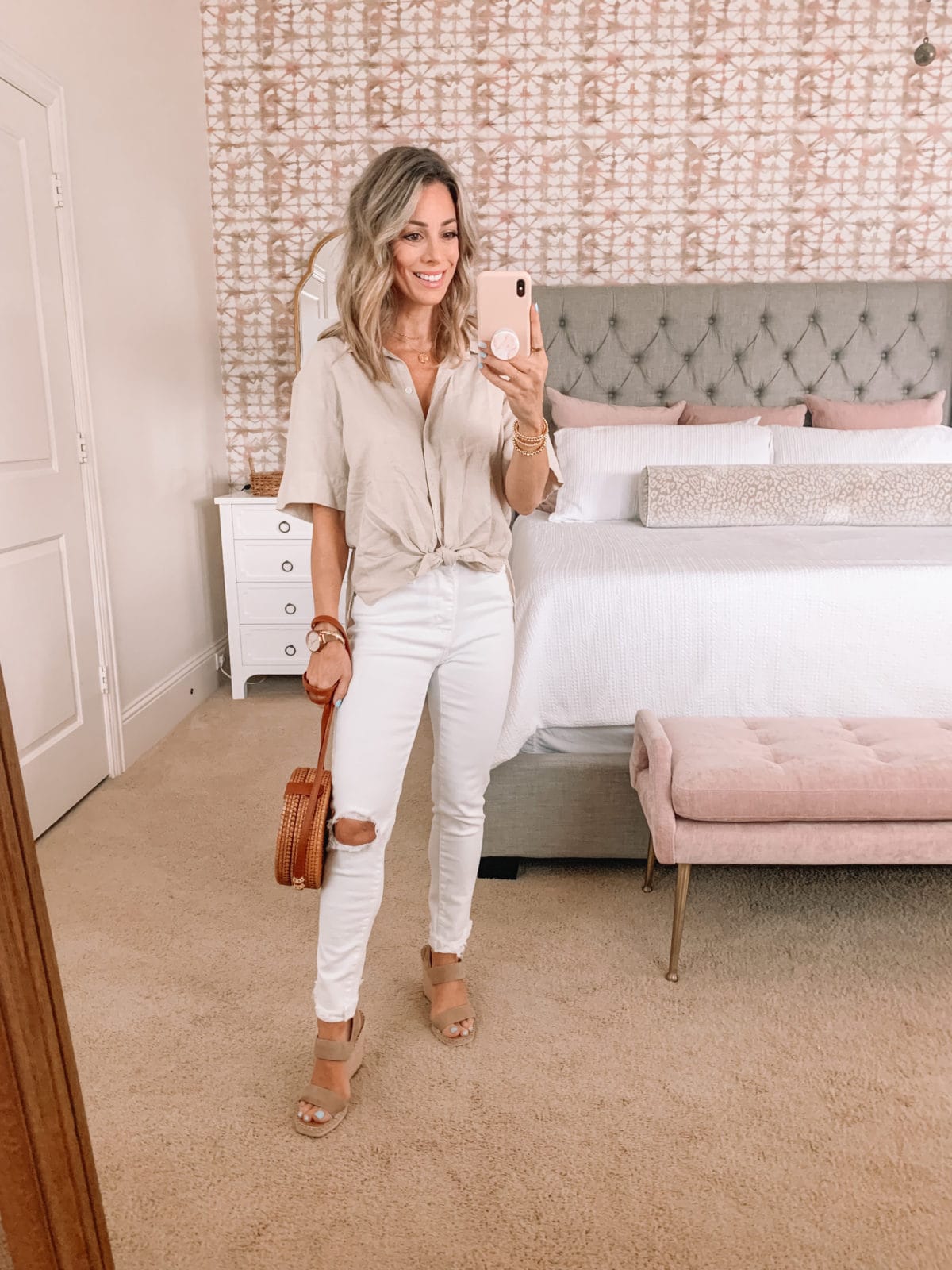 Dressing Room Finds, Knot front top and white jeans with Crossbody and wedges 