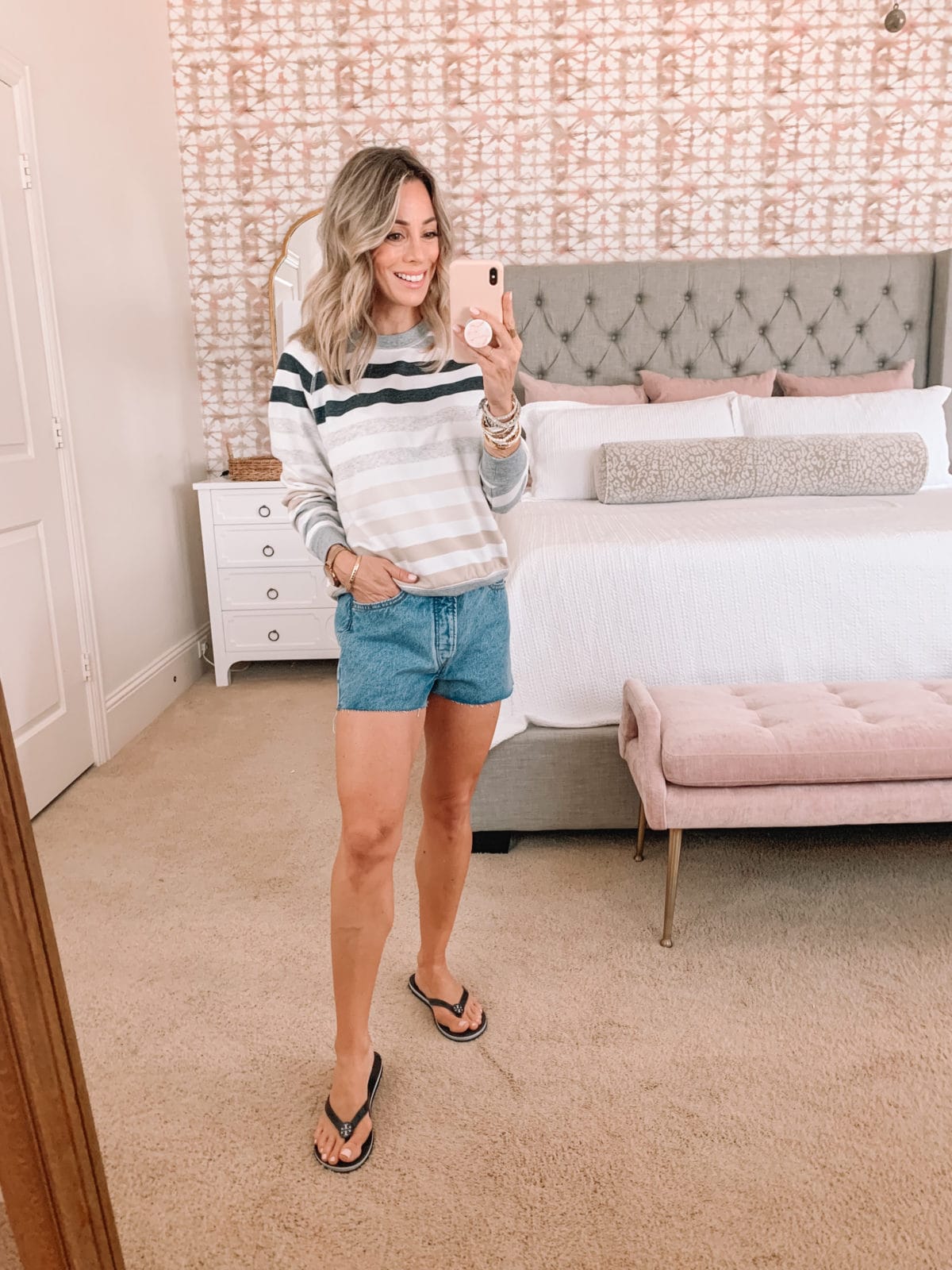 Dressing Room Finds, Stripe Sweatshirt and Shorts with Flip Flops 