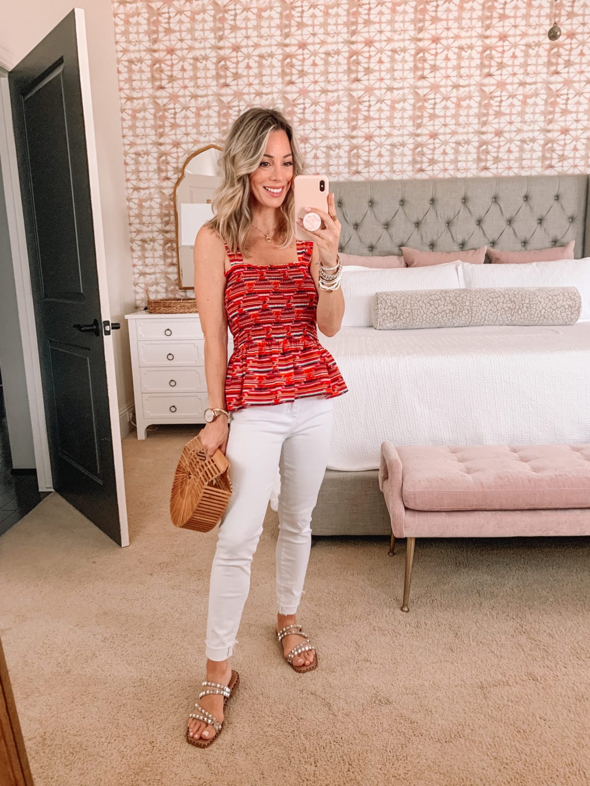 Dressing Room Finds, Peplum Top and White Jeans with Studded Sandals 