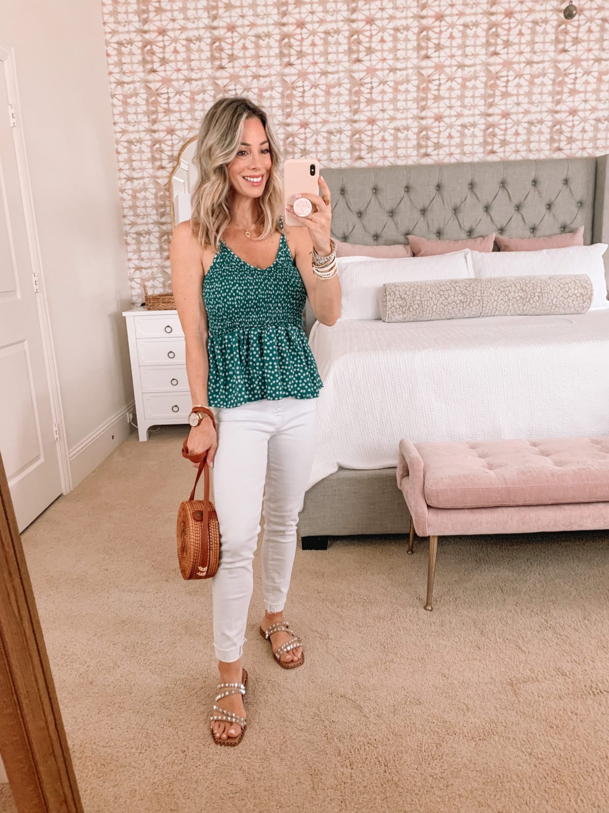 Dressing Room finds, Floral Peplum Top and White Jeans with Circle Crossbody