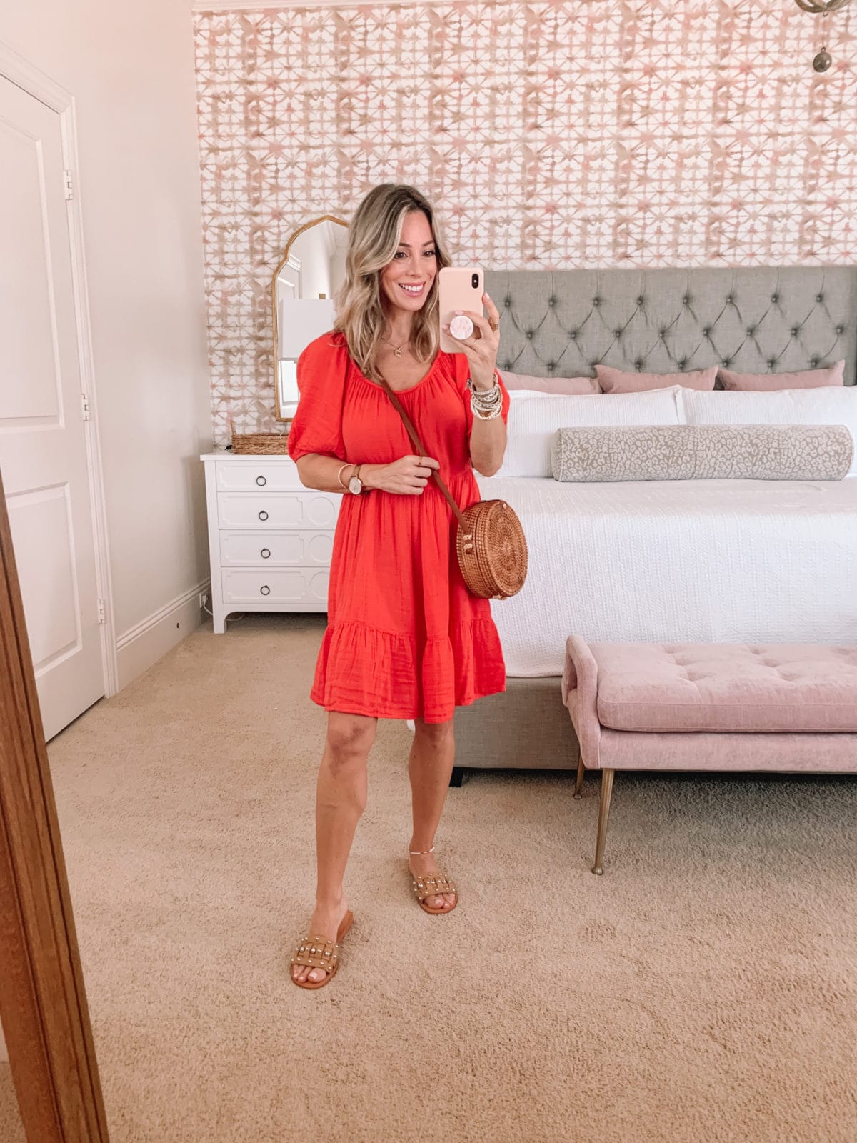 Dressing Room Finds, Boho Midi Dress and Crossbody with Studded Sandals 