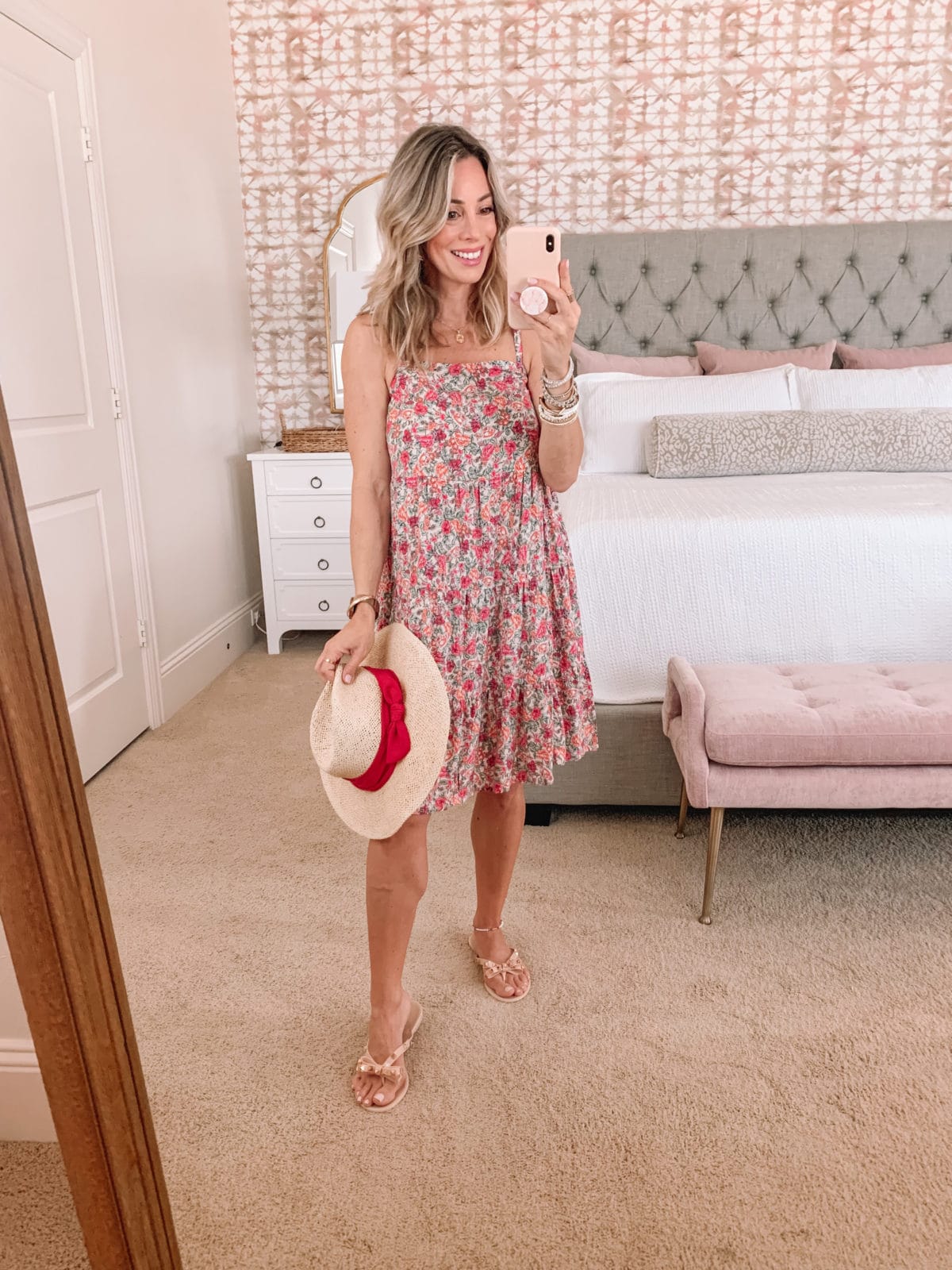 Floral Dress and Bow Sandals with Sun Hat 