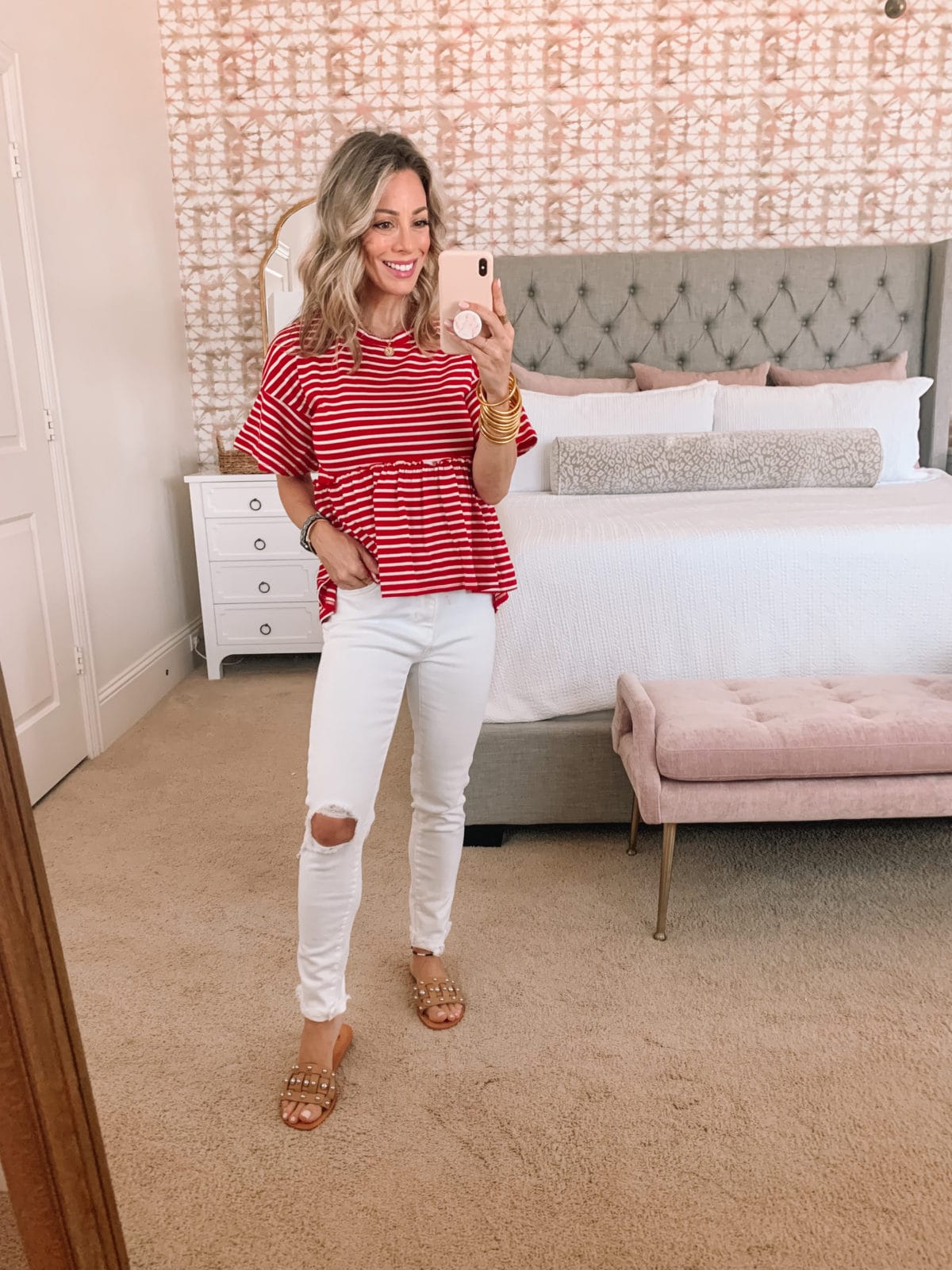 Amazon Fashion Faves, Red Striped Peplum Top and Jeans with slides 